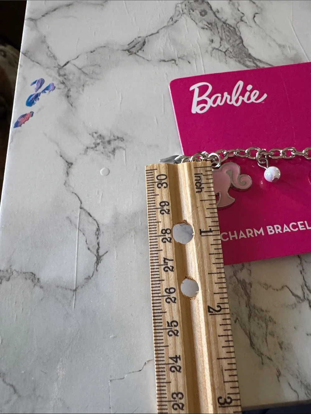Silver-tone Barbie Theme Charm Bracelet 4 Pink Charms & 3 Bead Charms New
